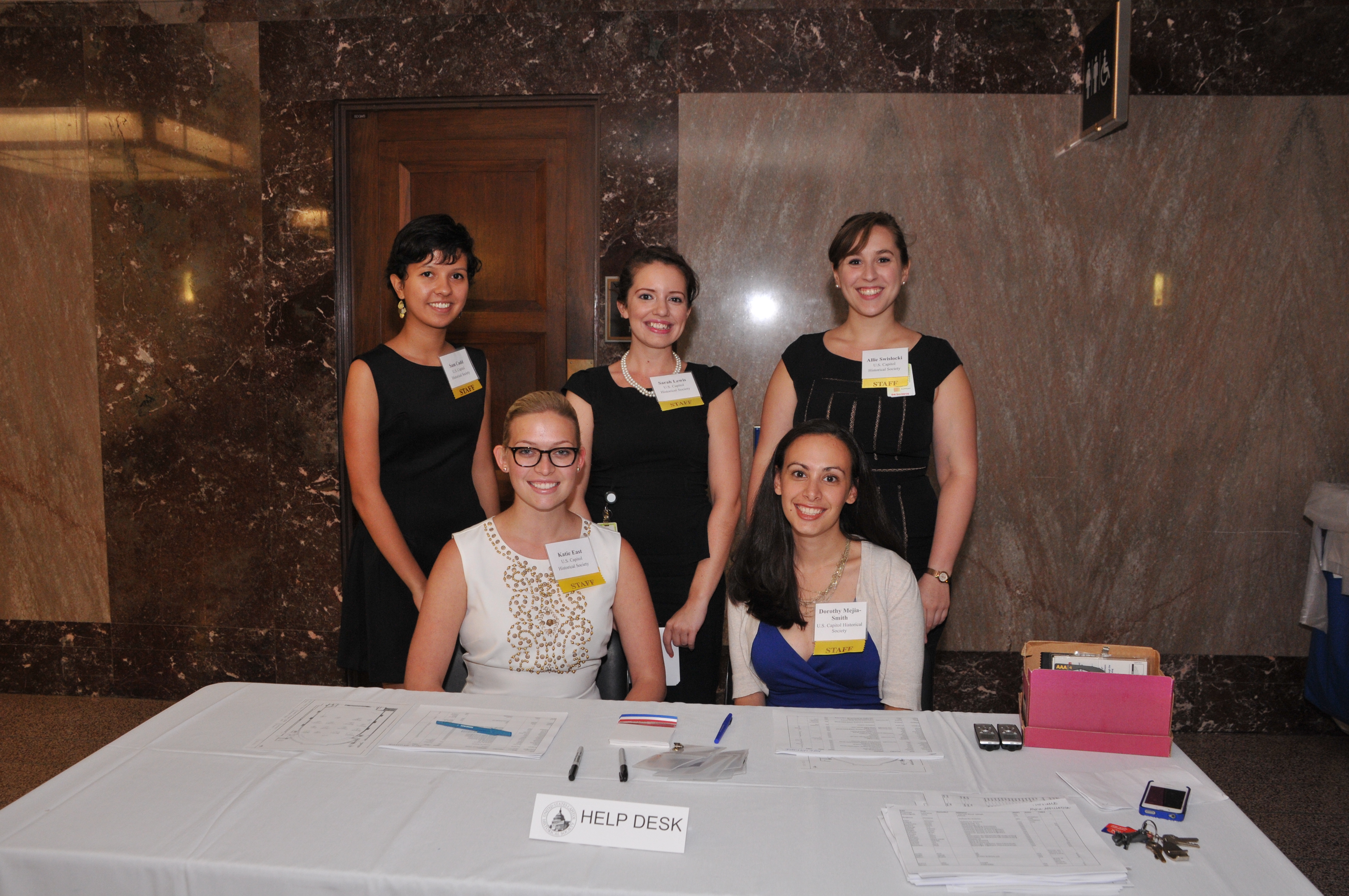 Society intern Katie East and Dorothy Mejia-Smith (Director, Membership Programs) ready to help people check in, while Sam Cadd (intern), Sarah Lewis (Development Coordinator and Tours Manager), and Allie Swislocki (Manager, Development and Outreach) stand by to help.