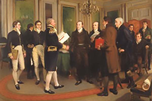 Signing the Treaty of Ghent, Christmas Eve, 1814 by Amédéé Forestier shows the U.S. commissioners on the right side of the painting. At center, British Admiral John Gambier shakes hands with John Quincy Adams, to whose left are fellow U.S, commissioners Albert Gallatin, James A. Bayard (man with white hair), Henry Clay (seated) and Jonathan Russell. Smithsonian American Art Museum