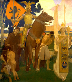 “Adventure,” a panel in Arthur F. Mathews’s 1914 mural depicting The History of California, originally placed in the first floor rotunda, is now located in the basement rotunda. The artist described this panel as depicting the arrival of European settlers, here idealized as a Knight Errant and priest, and their interaction with California’s native peoples.