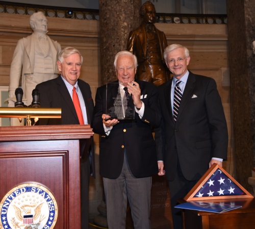 The 2016 Freedom Award presented to David McCullough (center) by Dan Jordan (left) and The Hon. Tom Coleman (right).