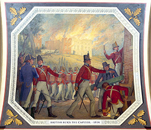 This mural by Allyn Cox illustrates the burning of the Capitol in the background. Courtesy of the U.S. Capitol Historical Society