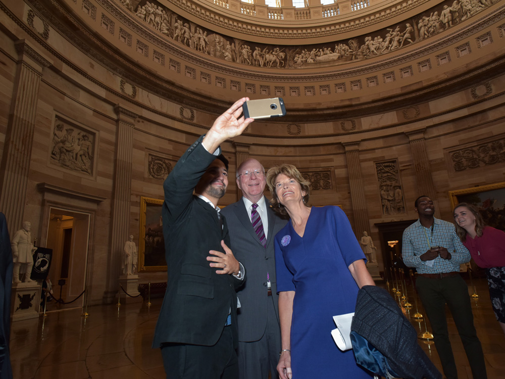 2017 USCHS Freedom Award Presentation: Lin-Manuel Miranda poses for selfie with Senators Leahy and Murkowski