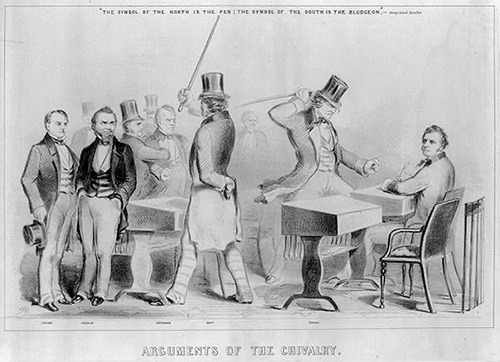 “The symbol of the North is the pen; the symbol of the South is the bludgeon.” Henry Ward Beecher, Cartoon by John Henry Bufford. Library of Congress