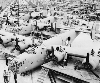 Churchill and Britain were dependent on American mass-production capabilities for the arms necessary to defeat Germany. Here B-24D aircraft roll off an assembly line—a form of production associated particularly with American capabilities.

Credit: Library of Congress, Prints & Photographs Division, FSA/OWI Collection, [LC-USW33-055044-D]