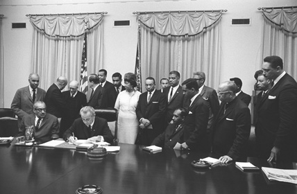 In April 1968, President Lyndon B. Johnson met with civil rights leaders and members of the government at the White House.
Seated at the table, from left to right, are Justice Thurgood Marshall, Pres. Johnson, and Clarence Mitchell, Jr.

Credit: LBJ Library photo by Yoichi Okamoto
