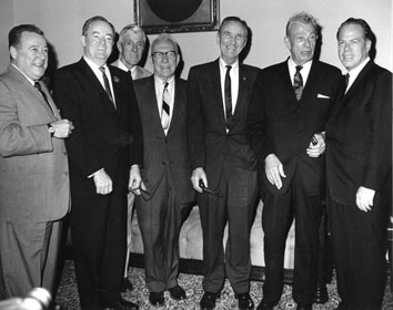 After the Senate successfully invoked cloture on June 10, 1964, this bipartisan group of senators celebrated. From left to right: Warren Magnuson (D-WA), Hubert Humphrey (D-MN), Leverett Saltonstall (R-MA), George Aiken (R-VT), Mike Mansfield (D-MT), Everett Dirksen (R-IL), and Thomas Kuchel (R-CA).

Credit: Archives and Special Collections, Mansfield Library, University of Montana