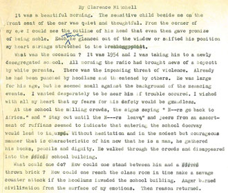 This page is part of a speech Clarence Mitchell, Jr. made at an NAACP meeting.
While the speech doesn't use names, it is the story of Mitchell taking his son Keiffe through an angry mob to integrate Gwynns Falls Junior High School.

Credit: Mitchell Family