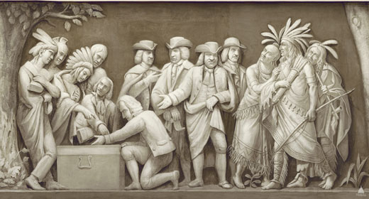 The central figure of William Penn in this scene was the last part of the frieze on which Brumidi worked. Figures to the right were painted by Costaggini.

Credit: The Architect of the Capitol
