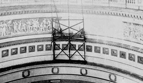 The scaffold use to paint the frieze remained in the Rotunda for many years.
This photograph was published in George Hazelton, The National Capitol, 1897.

Credit: The Architect of the Capitol