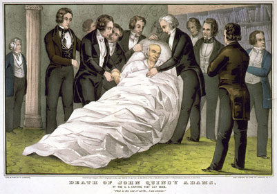 This 1848 Currier & Ives lithograph, "Death of John Quincy Adams at the U.S. Capitol Feby. 23d 1848," shows Adams's deathbed.

Credit: The Library of Congress, Prints & Photographs
Division