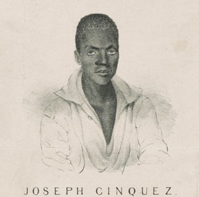 James (or Isaac) Sheffield made this 1839 portrait of Joseph Cinquez ("Cinque"), who was awaiting trial in New Haven. Moses
Beach made the lithograph.

Credit: The Library of Congress, Prints & Photographs
Division