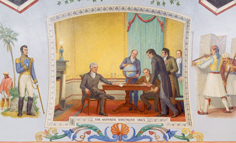 Allyn Cox's "The Monroe Doctrine" includes
John Quincy Adams during his service as secretary of state (standing and holding the globe). It is located in the Great Experiment Hall in the Cox Corridors in the House wing, which are not included on most tours of the Capitol.

Credit: The Architect of the Capitol