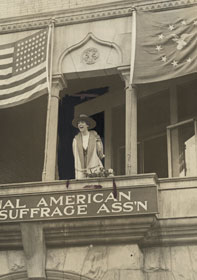 Rankin speaks from the balcony of the National American Woman Suffrage
Association on April 2, 1917. This image is from Records of the National Woman's Party at the Library of Congress and was touched up for publication in The Suffragist.

Credit: The Library of Congress, Prints & Photographs
Division