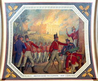 This mural by Allyn Cox illustrates the burning of the Capitol in the background.
The Cox Corridors in the House wing, such as the Hall of Capitals, which contains this image, are not included on regular tours of the Capitol.
Credit: U.S. Capitol Historical Society