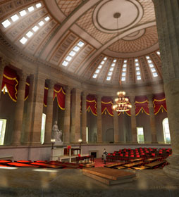 Architect Richard Chenoweth made this recreation drawing of the early House chamber (looking southwest from the east) after searching through a variety of written historical sources. No period visual depictions of the room exist.
Credit: Richard Chenoweth
