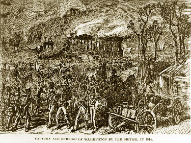 This fanciful engraving from Richard Miller Devens's Our First Century (1876) depicts the Capitol ablaze but includes the central section of the building that had not yet been constructed.
Credit: The Library of Congress, Prints & Photographs
Division