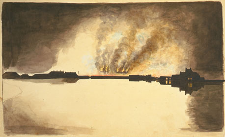 The original architect of the Capitol, William Thornton, painted this watercolor image of the fires along the waterfront in Washington in 1814.
Credit: The Library of Congress, Prints & Photographs
Division